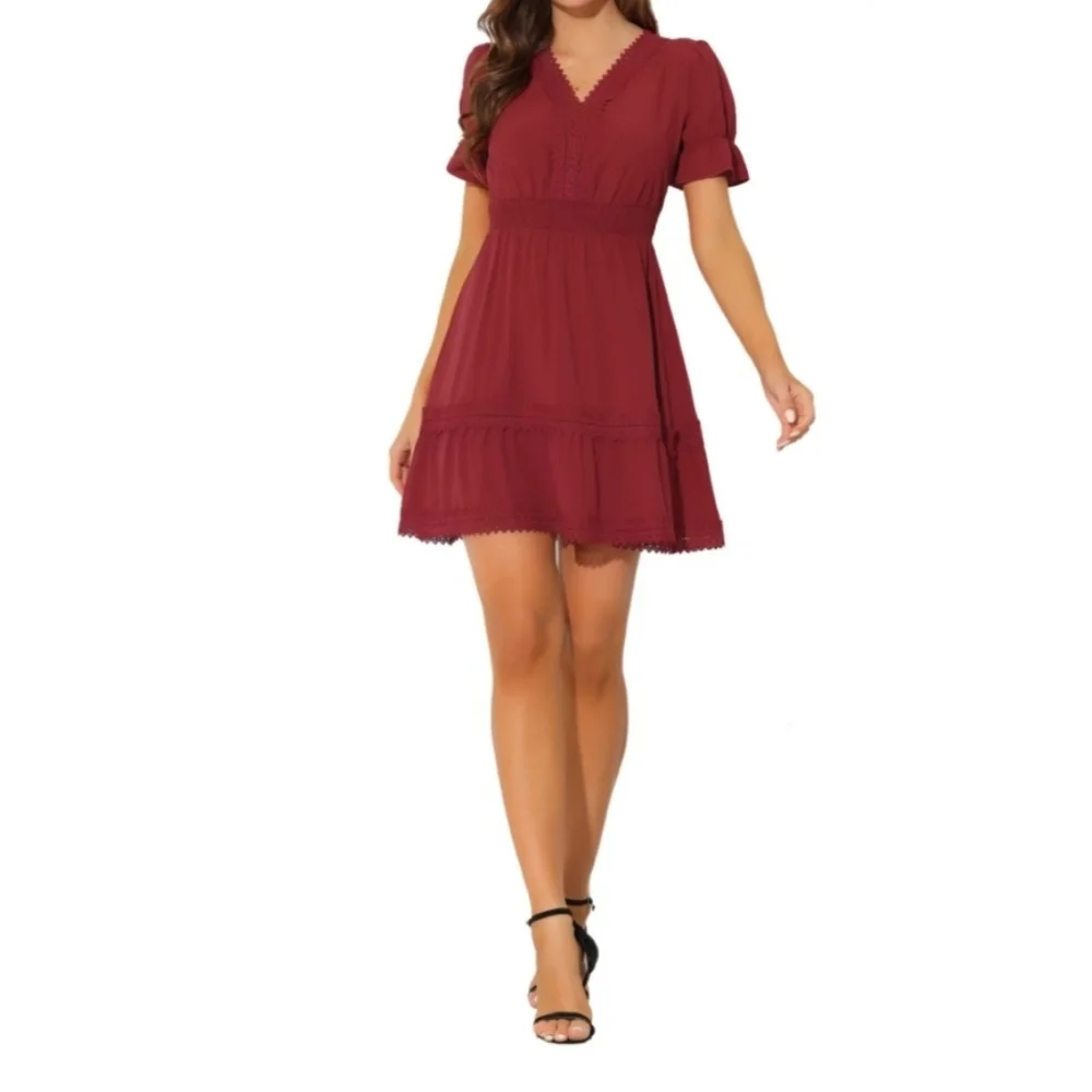 NWT Allegra K V-Neck Smocked Elastic Waist Boho Crochet Lace Trim Mini Dress - Picture 3 of 10